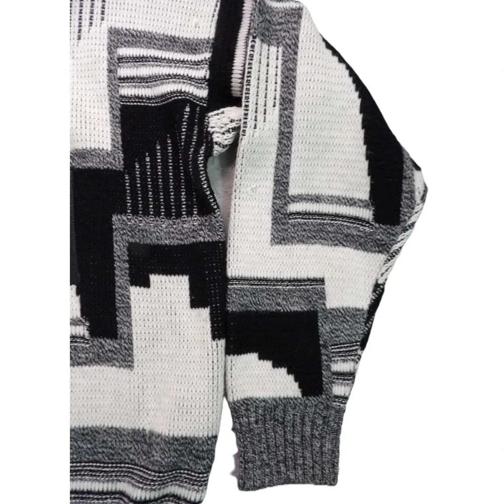 VTG Ashley Knit Sweater Men L Gray Black Abstract Geometric Leather Trim USA 90s